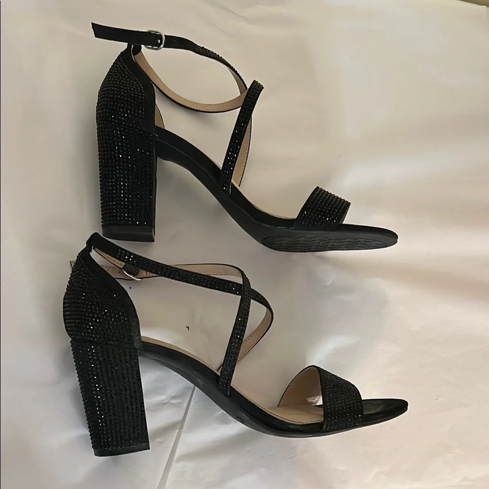 Kelly and Kate Paloona Elegant Black Rhinestone Strappy Sandals Block Heel 9